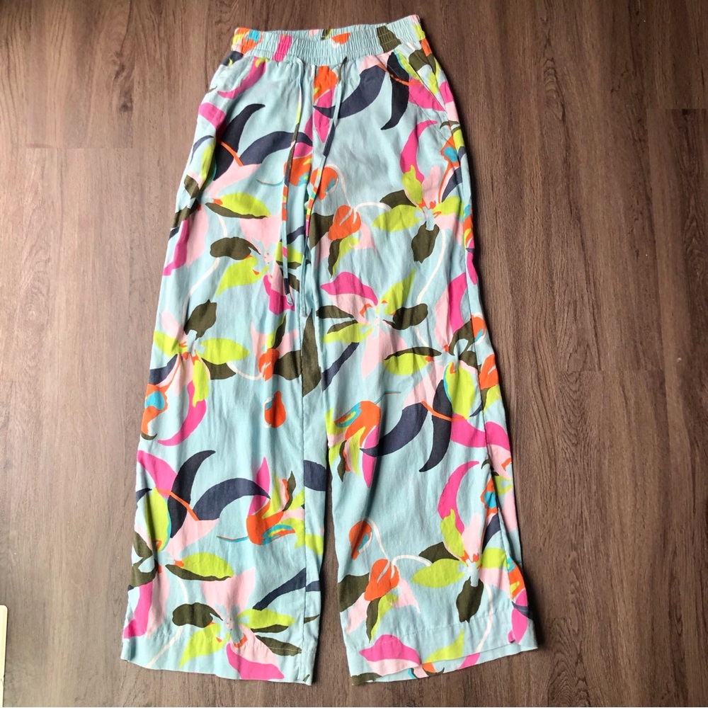 A New Day Women's Linen Pants Size XS Colorful Floral High-Rise Wide Leg Pull-On